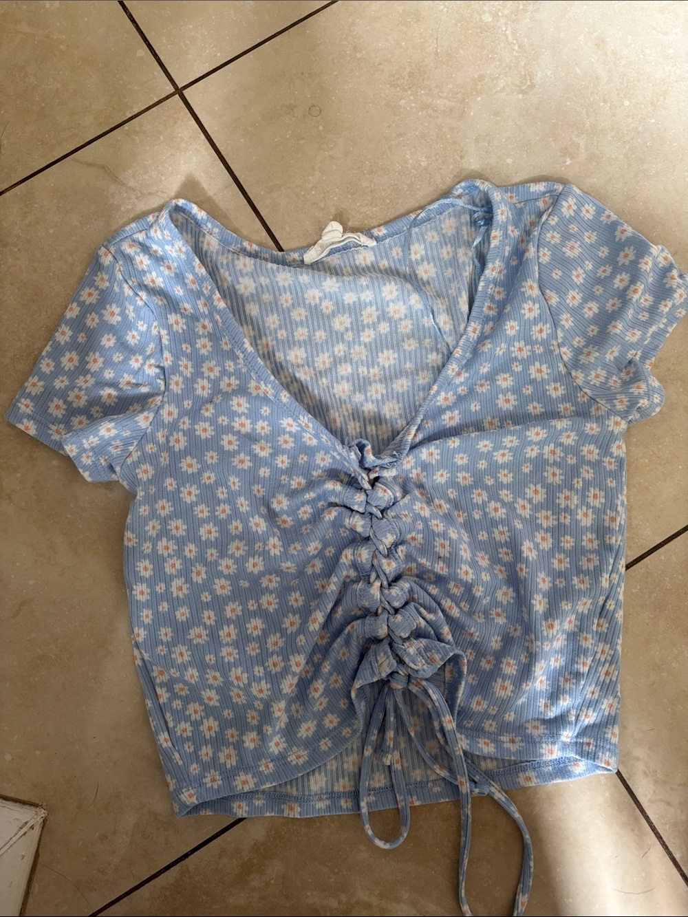 Pink Rose Light Blue Daisy Lace-Up Crop Top